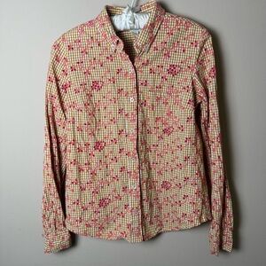 Odille Anthropologie Gold Coral Eyelet Gingham Shirt Top Womens 10 Blouse Spring